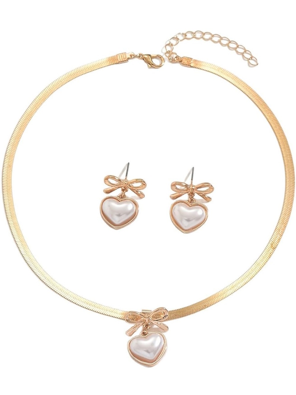 Anthropologie Gold Bow & Pearl Heart Necklace with Matching Earrings - Picture 5 of 5